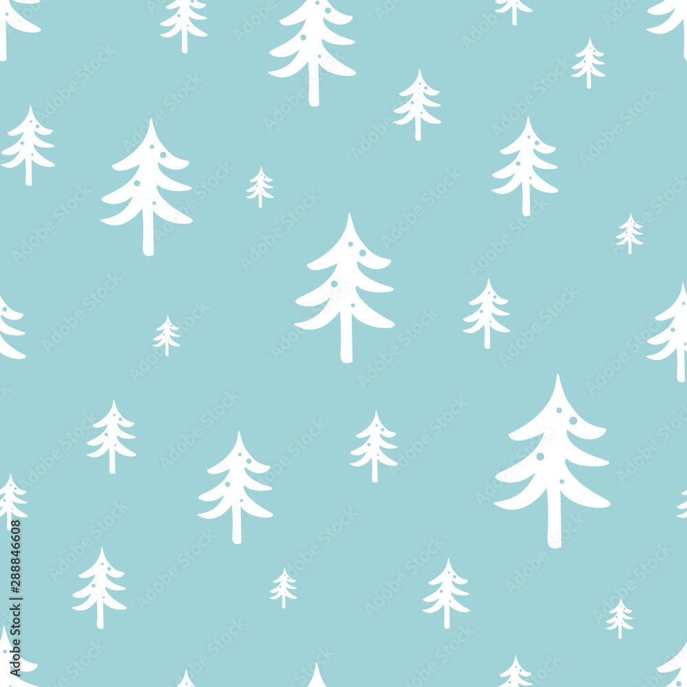 Winter forest seamless pattern Christmas tree on blue background Winter vectoe design