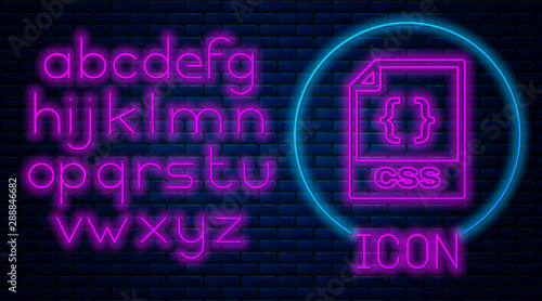 Glowing neon CSS file document. Download css button icon isolated on brick wall background. CSS file symbol. Neon light alphabet. Vector Illustration