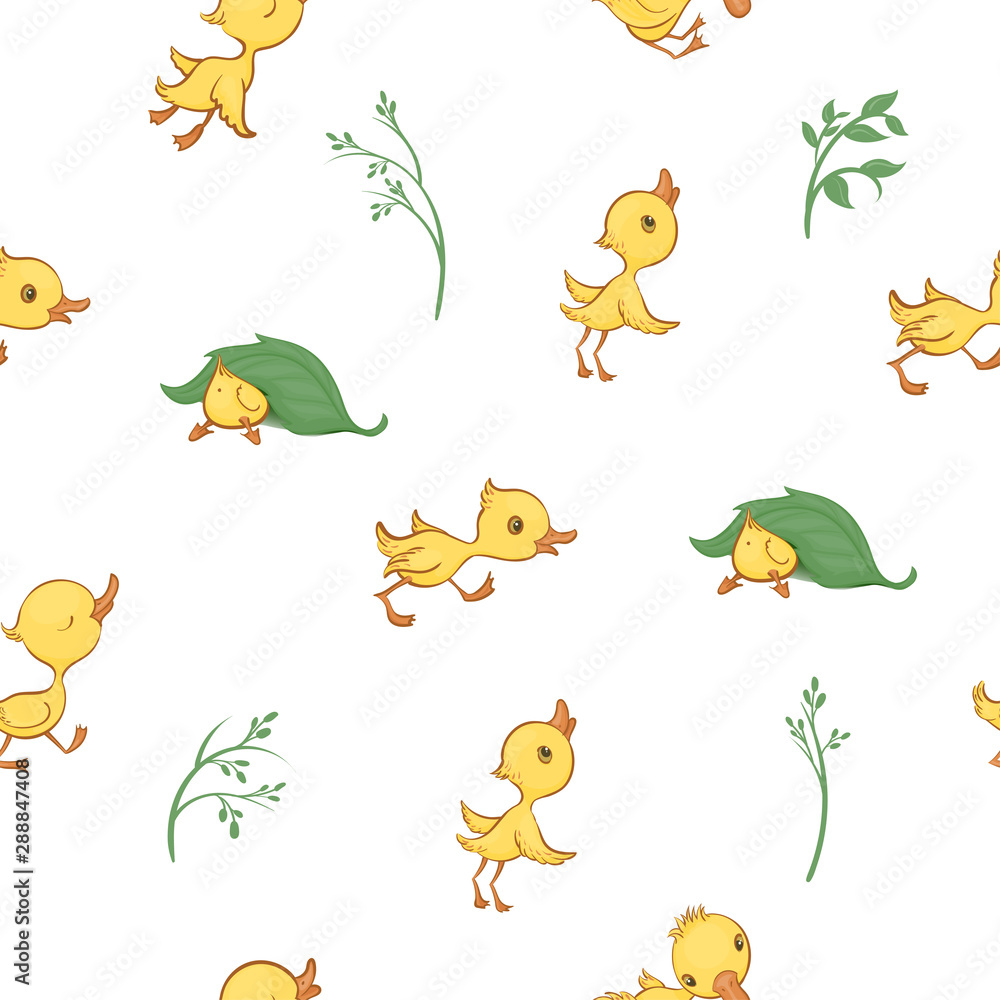 Fototapeta premium Vector seamless pattern with cute funny yellow cartoon ducklings and green plants.