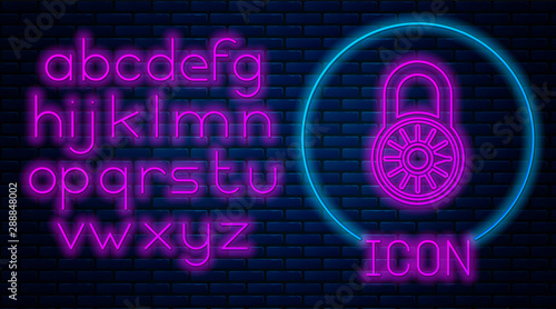 Glowing neon Safe combination lock wheel icon isolated on brick wall background. Combination padlock. Security, safety, protection, password, privacy. Neon light alphabet. Vector Illustration