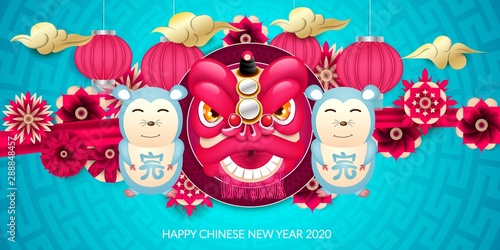 Happy Chinese New Year 2020 with illustrations of barongsai and mouse cartoon with typical Chinese flower elements