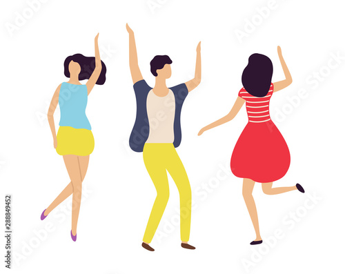 Dancer isolated on white, back and portrait view of moving girl and boy, man and woman full length, energetic crowd on concert or dance floor vector. Flat cartoon