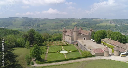 Virieu castle aerial approach, Isère, France photo