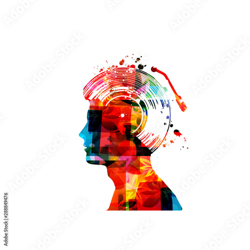 Music background with colorful human head and vinyl record disc isolated vector illustration design. Artistic music festival poster, music events, party flyer