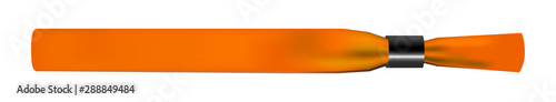 Vector illustration of orange empty fabric polyester bracelet or wristband with plastic safety lock. Hand entrance festival bracelet isolated on white. Template or mock up suitable for identification.