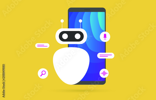 Chatbot service flat vector concept, artificial intelligence network illustration with robot. AI technology business IOT online help center with dialogue chatting window application.