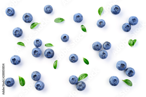 Blueberry isolated. Blueberries background. Blueberry on white background. With leaves.