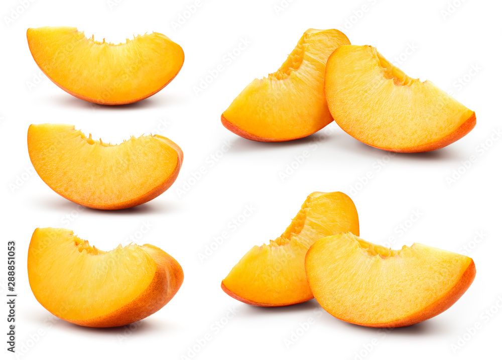 Peach slice isolated. Peach set on white background. Collection. With clipping path. Peach slice isolated. Peach set on white background. Collection. With clipping path.