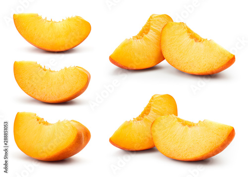 Peach slice isolated. Peach set on white background. Collection. With clipping path.