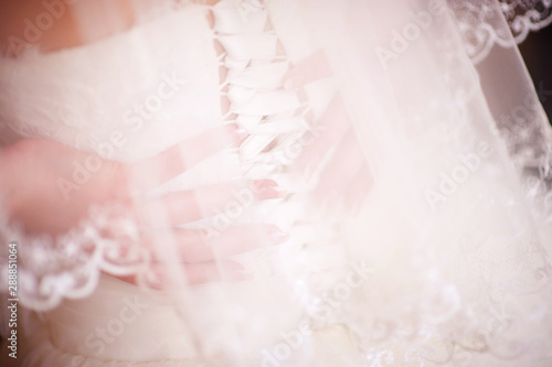 the bride s hands with bright manicure lie on the lower back, a look through the veil. close up