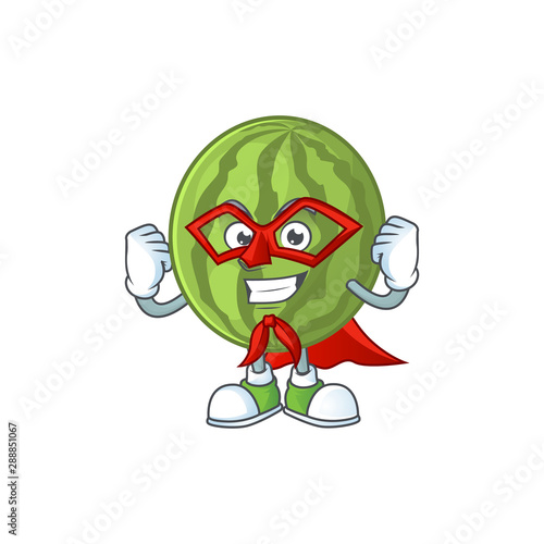 Super hero watermelon cartoon mascot with fruit freshness