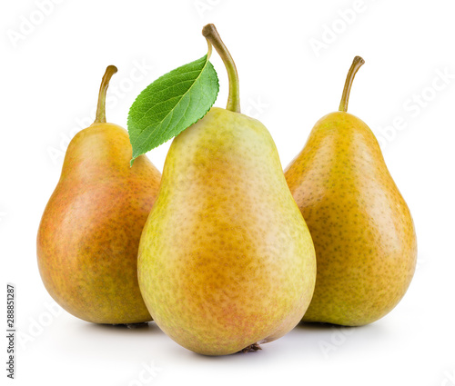 Pears isolated. Pears with leaf on white background. Full depth of field.