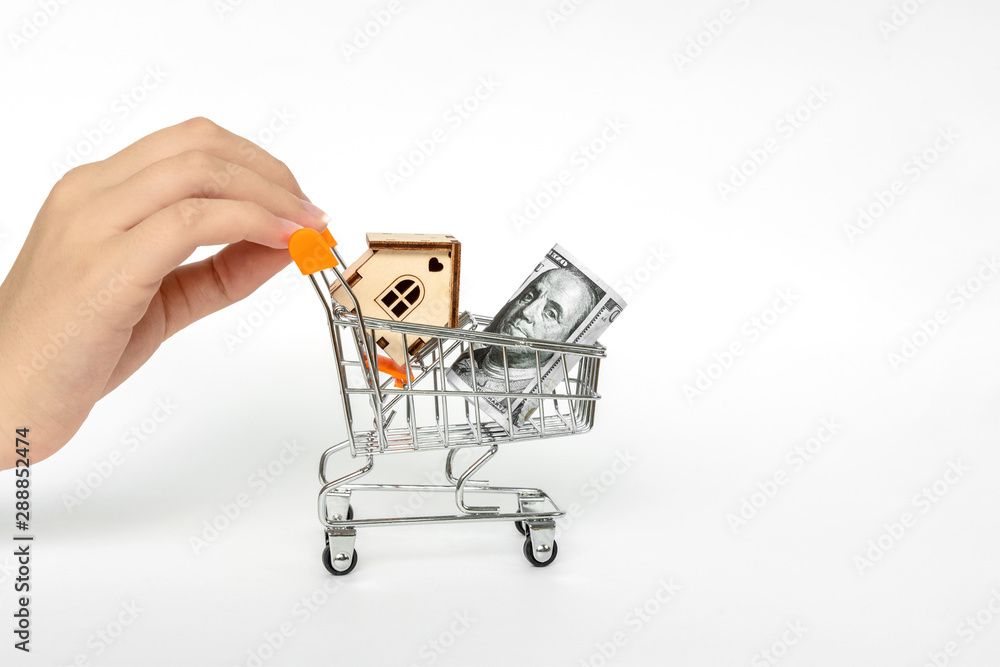 House model in mini shopping cart with dollar note on white table for residential investment. Concept for property ladder, mortgage and real estate investment