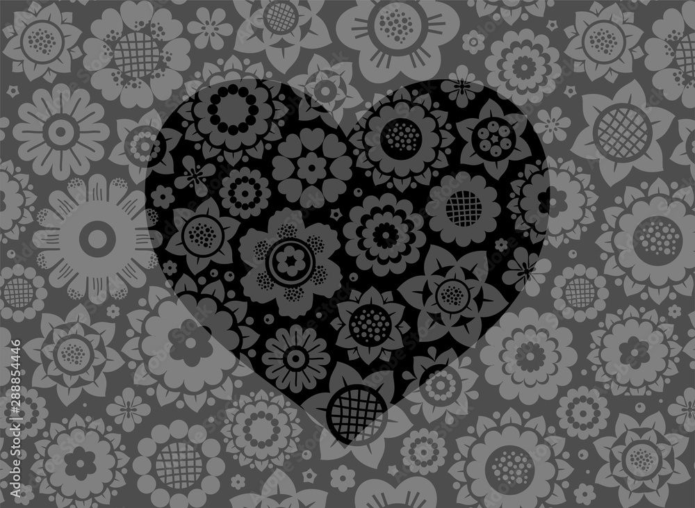 Heart, card, floral background, color, black, vector. Black heart on a flower field. Vector picture.  