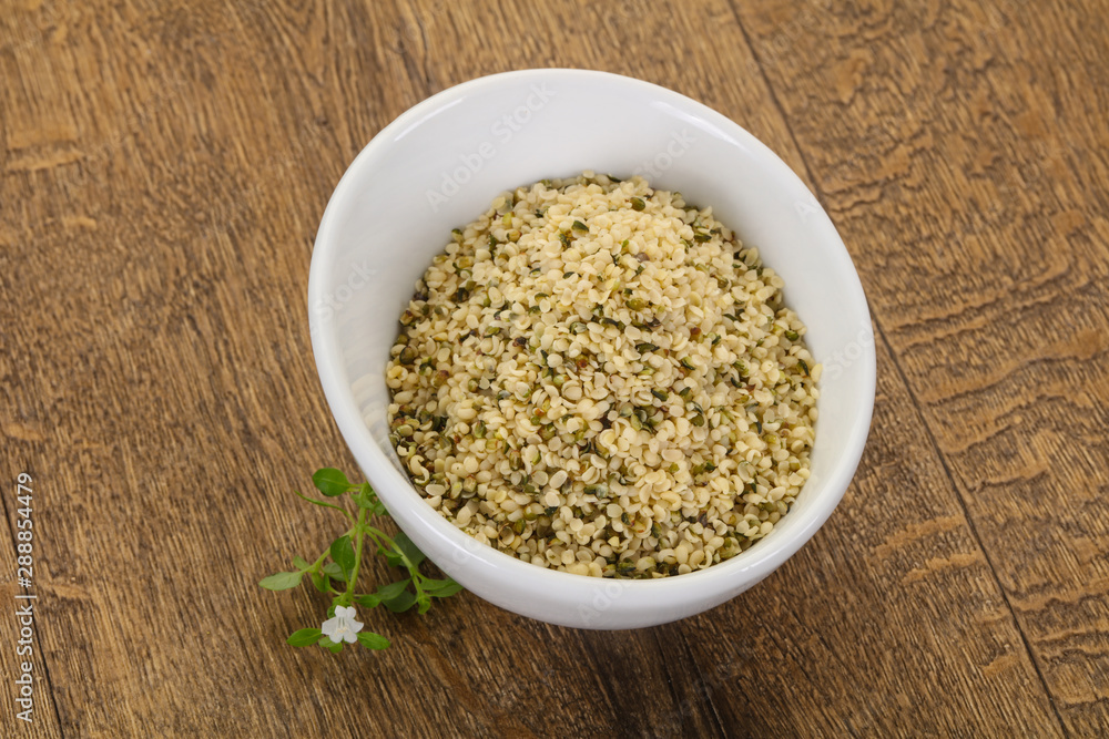Peeled hemp seeds in the bowl Peeled hemp seeds in the bowl