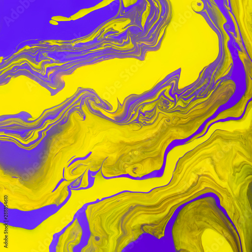 Acrylic Fluid Art. Glowing yellow waves and curls on purple background. Abstract marble background or texture