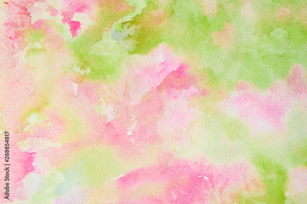 Abstract pink-green watercolor background, bright, contrast splashes, drops, smudges. Artistic background with paper texture.