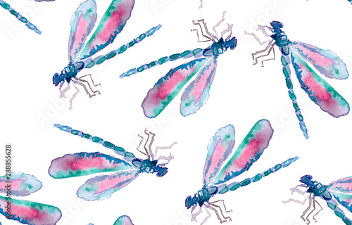Dragonfly watercolor abstract seamless pattern on white background