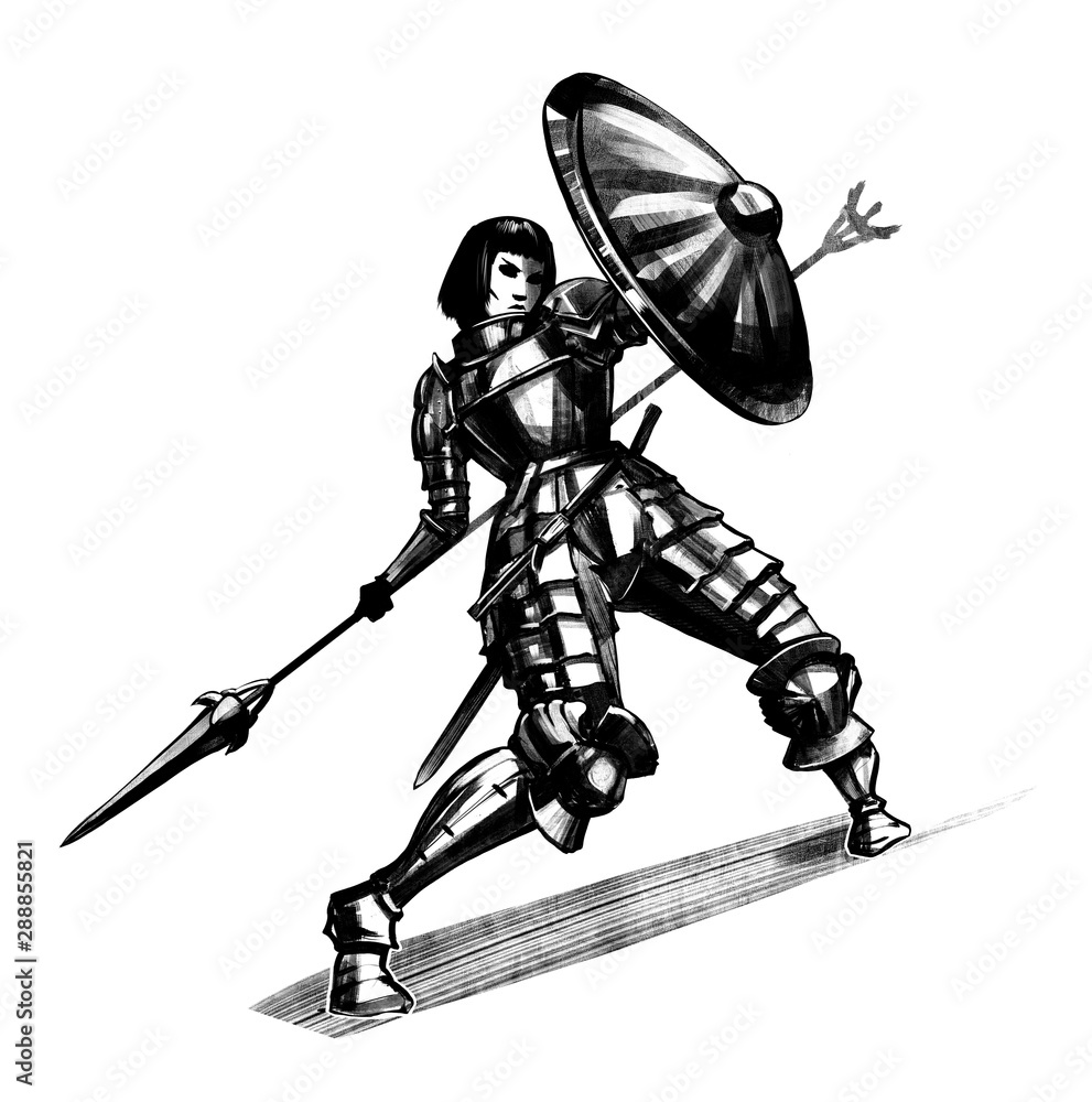 Female knight with spear and raised shield . 2D Illustration. Female knight with spear and raised shield . 2D Illustration.