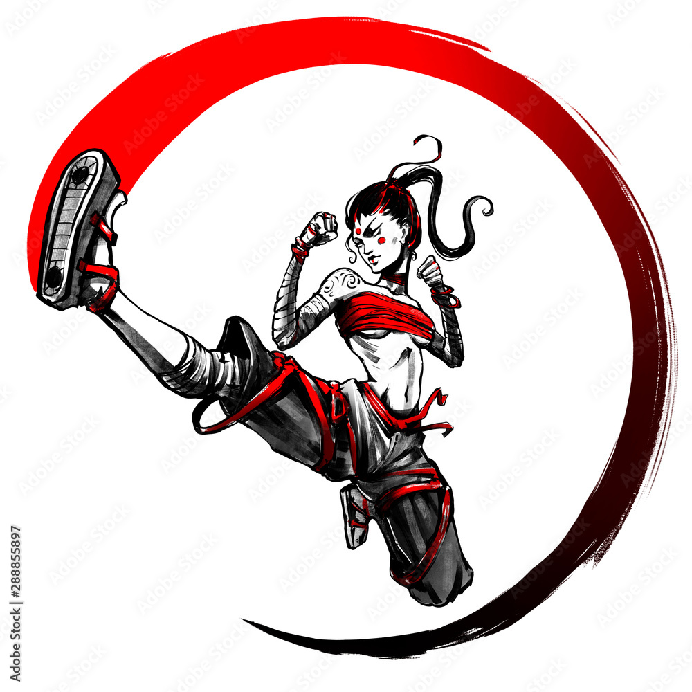 Girl martial artist in the jump makes a circular kick, describing a red arc in the air. 2D Illustration. Girl martial artist in the jump makes a circular kick, describing a red arc in the air. 2D Illustration.