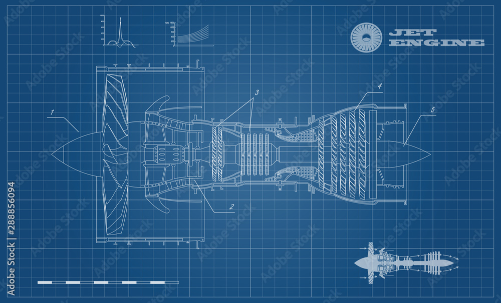 Jet engine of airplane in outline style. Industrial aerospase blueprint ...