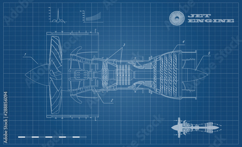 Jet engine of airplane in outline style. Industrial aerospase blueprint. Drawing of plane motor. Part of aircraft. Side view photo