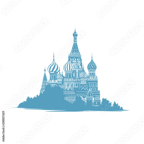 Hand drawn sketch style illustration of Saint Basils Cathedral in Moscow  Russia. Russian landmarks. Orthodox curch. Mono color silhouette in blue on white background.