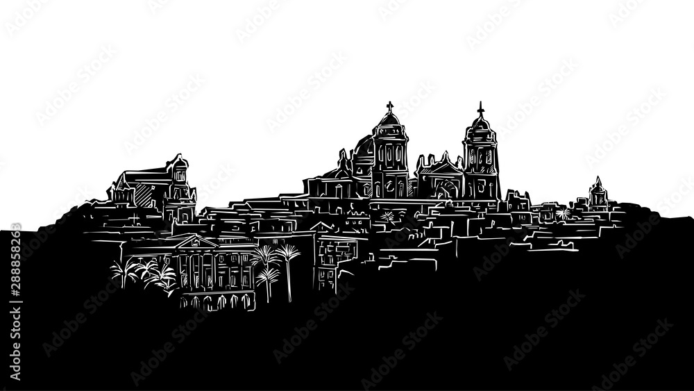 Fototapeta premium Cadiz, Andalusia, Panorama Silhouette Drawing