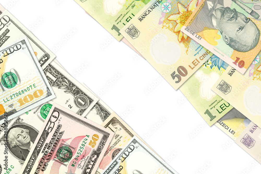 some romanian leu banknotes and american dollar banknotes indicating bilateral economic relations with copyspace some romanian leu banknotes and american dollar banknotes indicating bilateral economic relations with copyspace