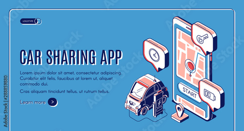 Car sharing app isometric landing page. Mobile service for city transportation, online carsharing, auto charging at huge smartphone with gps mark on screen. 3d vector illustration, line art web banner