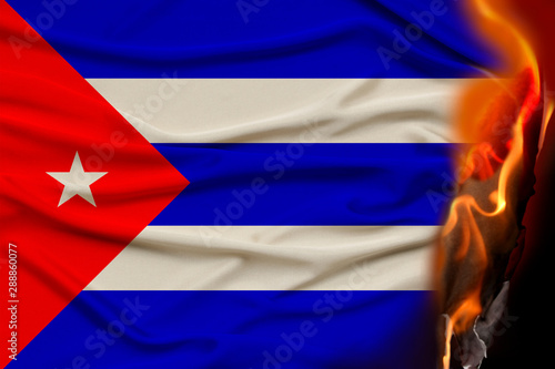 Sticker orange flames and ashes on a colored burning national flag of the state, concept