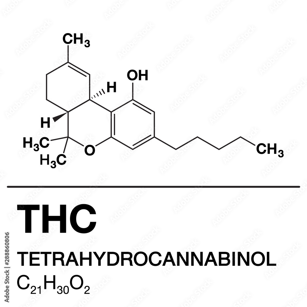 Tetrahydrocannabinol (THC) cannabis molecule. cannabis, hemp, weed, marihuana or marijuana chemical structure formula.