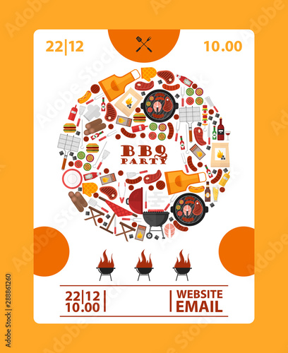 BBQ party announcement banner, vector illustration. Barbeque icons in round frame composition. Cookout barbeque event, advertisement poster, invitation card design