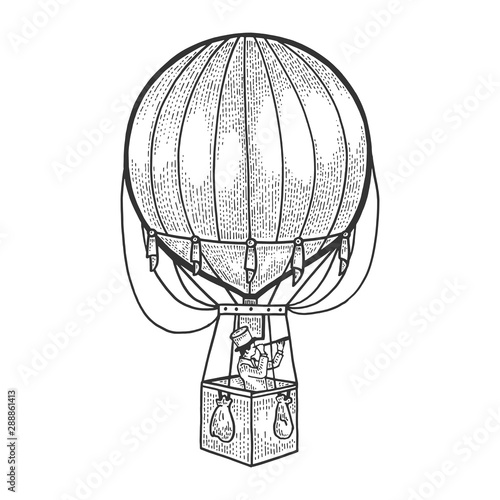 Gentleman looks in telescope in basket of air balloon. Vintage aerostat transport sketch vector illustration. Tee shirt apparel print design. Scratch board engraving style imitation.