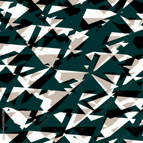 Seamless vector abstract pattern. Colors deep cyan, white, warm gray and black. Unique geometric shapes. For deign, fabric, textile, cover, web, wrapping etc.
