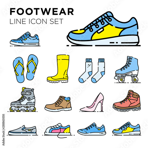 Footwear line icon set. Shoe vector collection. Mens and ladies casual, fashion and sport footgear symbol illustrations. 