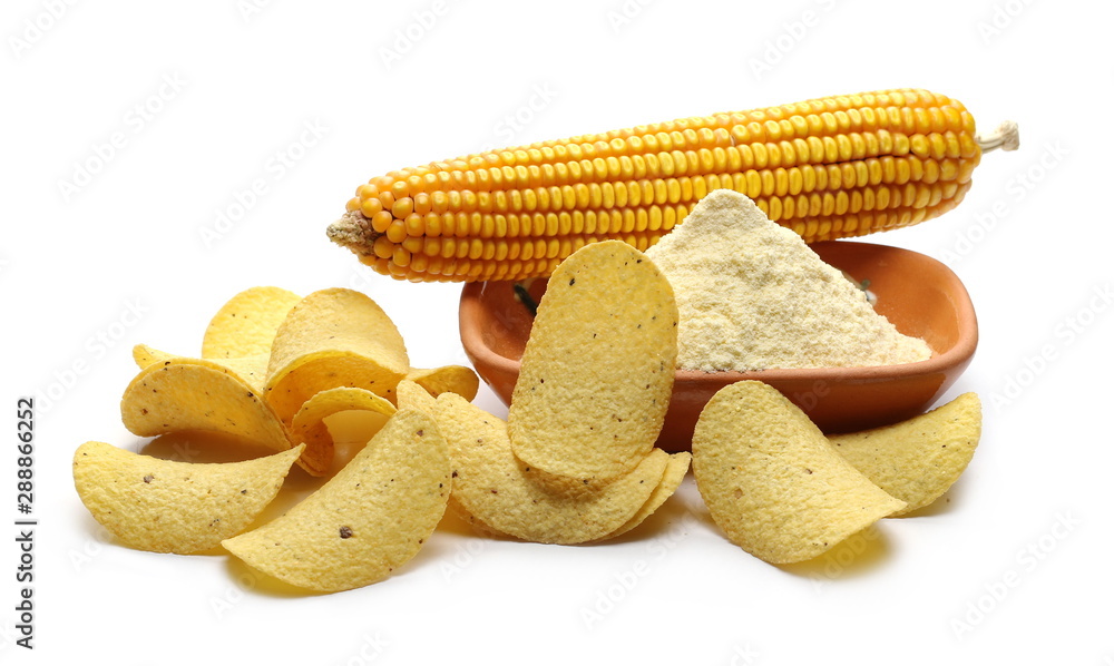 Corn tortilla chips with corn flour in clay pot, bowl and maize cob isolated on white background Corn tortilla chips with corn flour in clay pot, bowl and maize cob isolated on white background