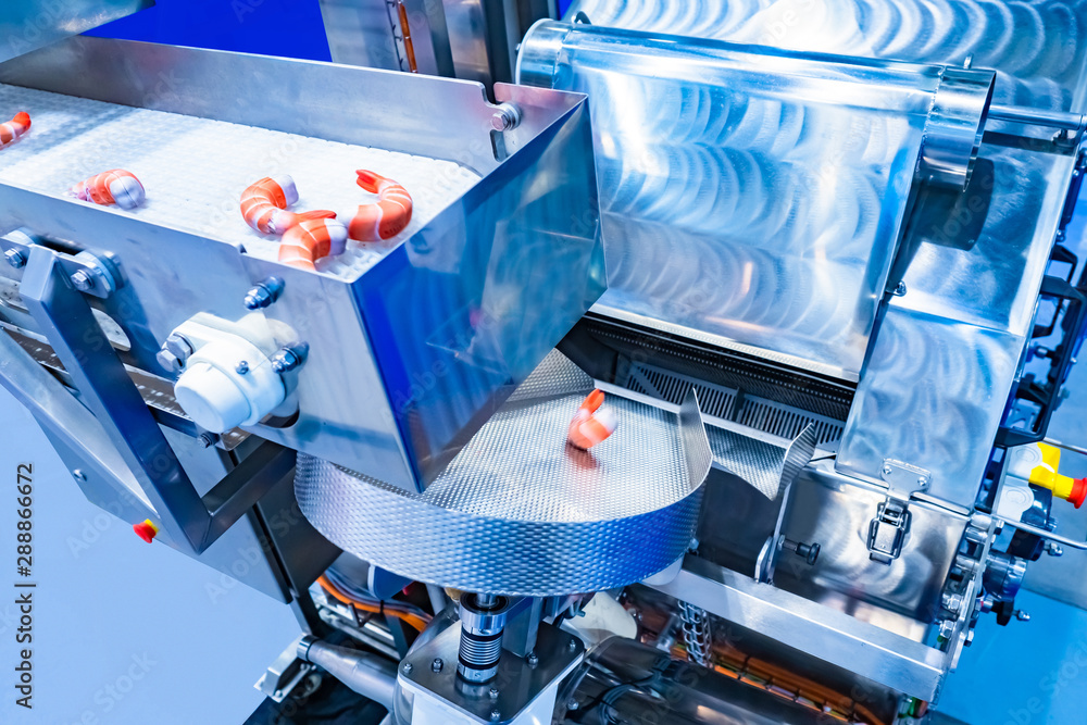 Conveyor with Shrimping. Production of shrimp. Shrimp cleaning