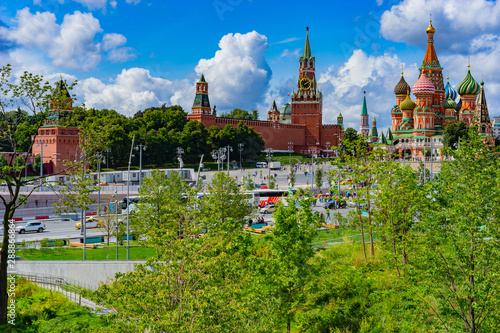 Russia. Moscow. Park Zaryadye. View of the Kremlin. Panorama of Moscow. St. Basil's Cathedral. Spasskaya Tower. The walls of the Kremlin. The Red Square. Travel to Moscow. Cities of Russia.