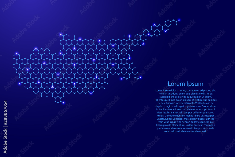 Cyprus map from futuristic hexagonal shapes, lines, points  blue and glowing stars in nodes, form of honeycomb or molecular structure for banner, poster, greeting card. Vector illustration.