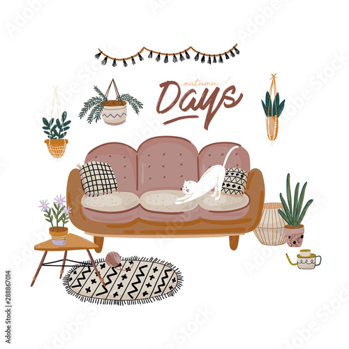 Stylish Scandic living room interior - sofa, armchair, coffee table, plants in pots, lamp, home decorations. Cozy Autumn season. Modern comfy apartment furnished in Hygge style. Vector illustration