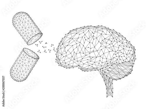 Fotografija Human brain and the substance of the open capsules pills treatment therapy cure existing medical concept from abstract futuristic polygonal black lines and dots