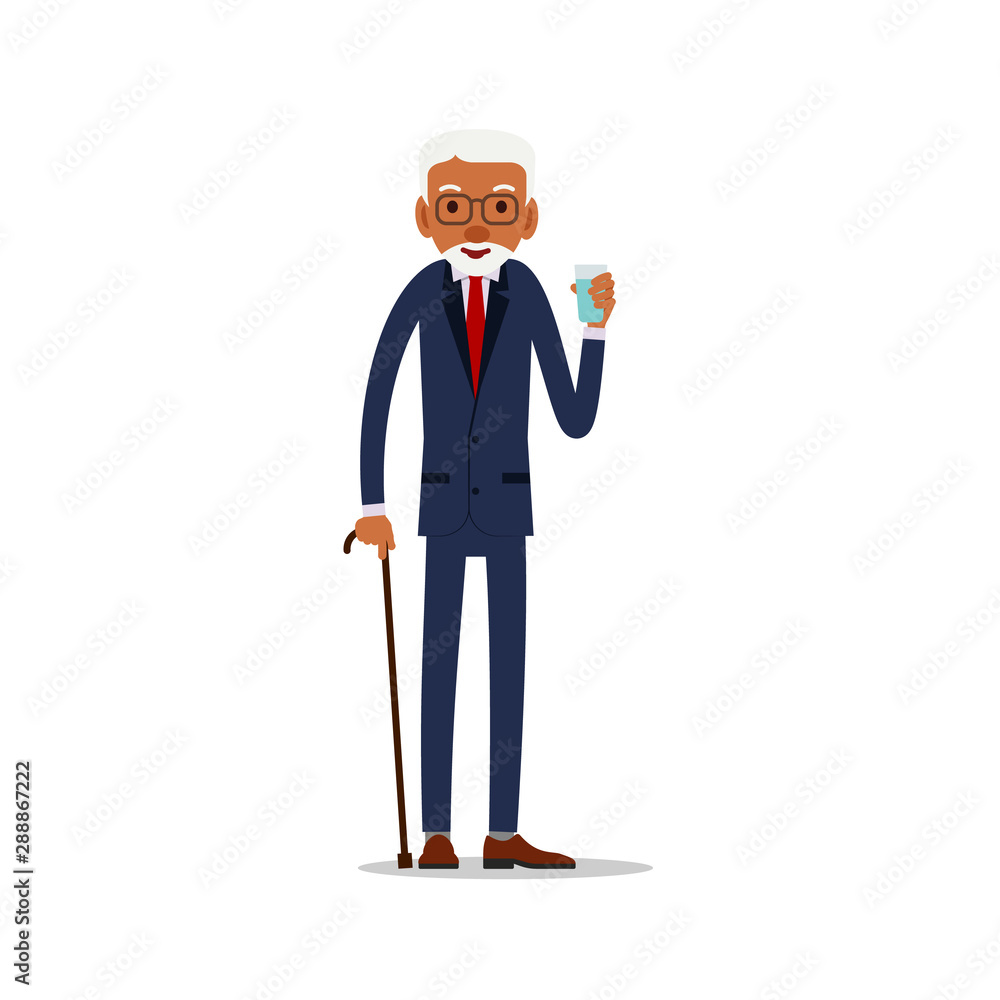 Attractive african old man with glass of water. Black senior retired. Cute grandfather standing and smiling. Traditional retirement lifestyle. Illustration isolated on white background in flat style Attractive african old man with glass of water. Black senior retired. Cute grandfather standing and smiling. Traditional retirement lifestyle. Illustration isolated on white background in flat style
