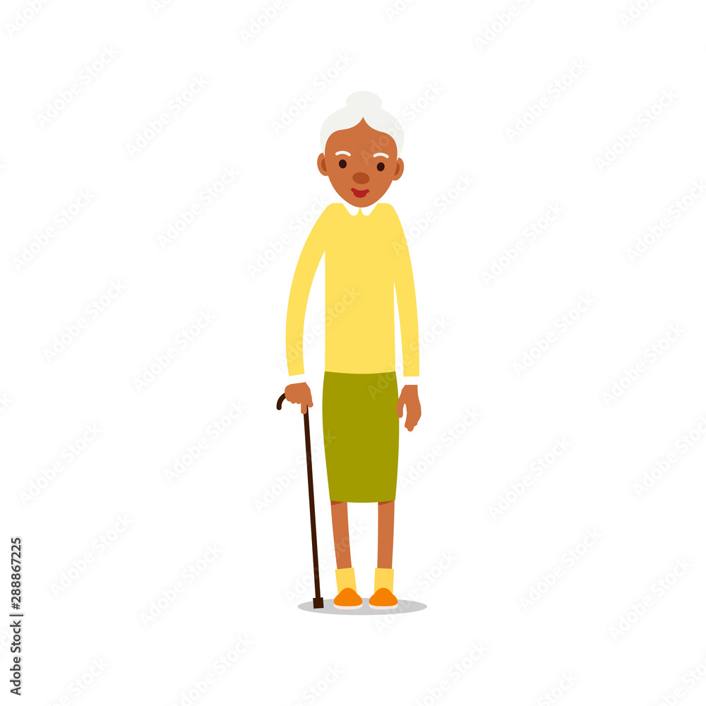 Happy african old woman. Cute grandmother standing and smiling. Traditional retirement lifestyle. Older black lady retired. Cartoon illustration isolated on white background in flat style Happy african old woman. Cute grandmother standing and smiling. Traditional retirement lifestyle. Older black lady retired. Cartoon illustration isolated on white background in flat style