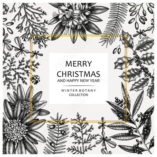 Christmas greeting card or invitation design. Vector wreath with hand drawn conifers and evergreen plants. Vintage background trees, shrubs, flowers, leaves, berries and cones illustration