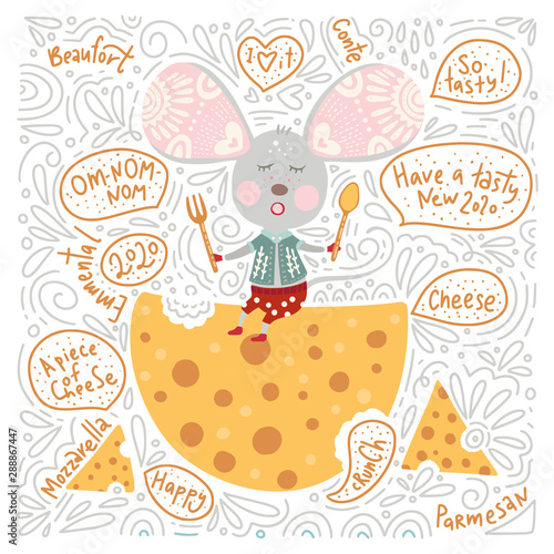Christmas funny cartoon hand drawn mouse with cheese and text quotes card in a flat and doodle style. Winter vector poster with cute New Year mice.