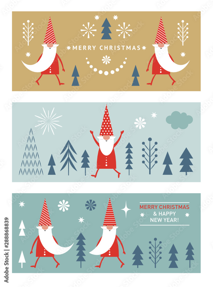 Plakat Set of horizontal Christmas or New Yer's banners, greeting cards, stylized Santa, trees, deers, winter landscape. Minimalist style.