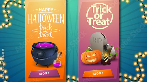 Two Halloween greeting templates for your creativity in the Foma vertical ribbons with witch's cauldron with potion, tombstone and pumpkin Jack photo