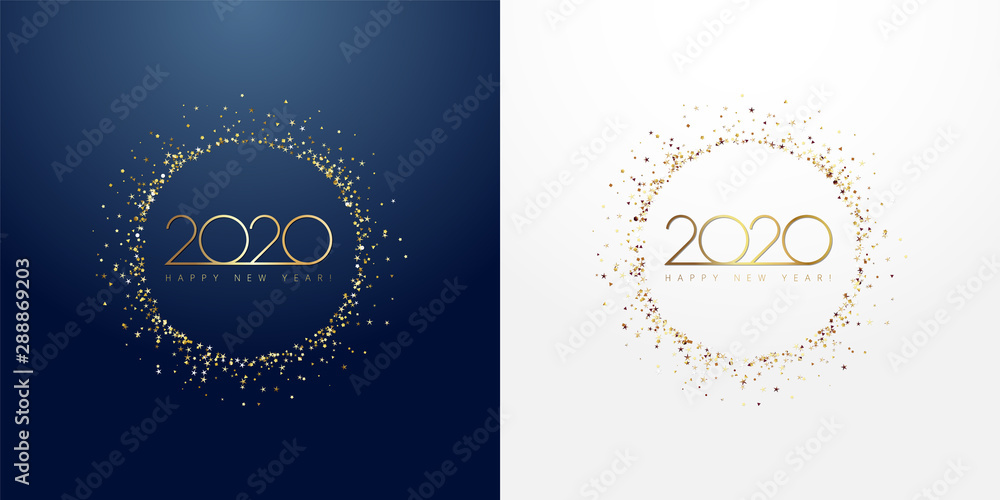 2020 in golden sparkling ring with dust glitter graphic on dark blue and white background. Happy New Year decorative glowing shiny design for award celebration 2020 in golden sparkling ring with dust glitter graphic on dark blue and white background. Happy New Year decorative glowing shiny design for award celebration