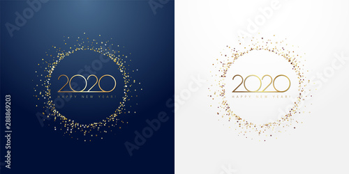 2020 in golden sparkling ring with dust glitter graphic on dark blue and white background. Happy New Year decorative glowing shiny design for award celebration